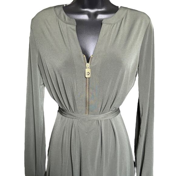 Michael Kors NWT Olive Green Belted Logo Zip Dress Jersey Knit Gold Zip Size M - Picture 5 of 11